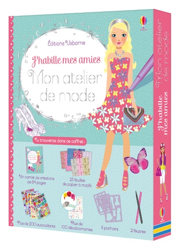 Coffret Mon atelier de mode. Contient : 1 carnet, 25 feuilles de papier à motif, plus de 200 autocollants, plus de 100 décalcomanies, 3 pochoirs, 2 feutres