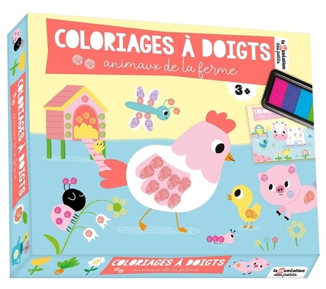 Coloriages à doigts Animaux de la ferme. Coffret avec un cahier de 10 grandes scènes à compléter avec ses doigts et 1 encirer à doigts avec 6 couleurs