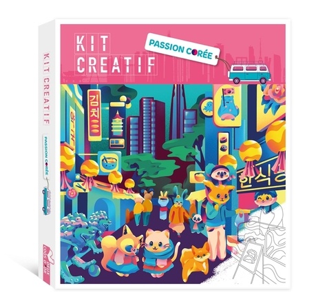 Kit créatif Passion Corée. Coffret avec 2 tableaux à peindre, 1 carte de la Corée du Sud à décorer, 12 pots de peinture, 1 plance de stickers et 1 pinceau