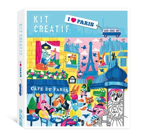 Kit créatif I love Paris. Coffret avec 2 tableaux à peindre, 12 pots de peinture, 1 pinceau, 1 carte de Paris à décorer et 1 planche de sticker