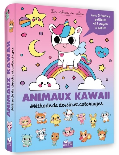 Méthode de dessin et coloriages - Animaux kawaii. Avec 5 feutres pailletés et 1 crayon à papier