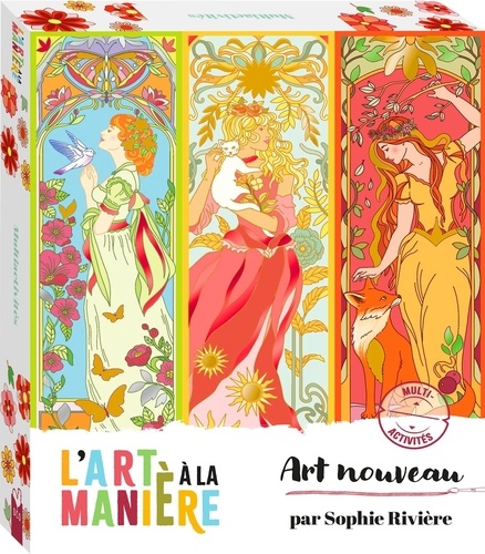 Art Nouveau. Coffret avec 8 tableaux, dont 1 vitrail à gratter, 1 stylet, 8 feuilles à dorer, 1 cadre ajouré et 9 fleurs à construire