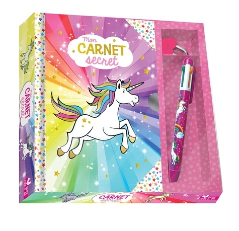 Mon carnet secret licorne. Coffret avec 1 carnet, 1 stylo 4 couleurs et 1 cadenas coeur avec ses clés