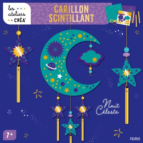 Carillon scintillant. Nuit céleste, avec des planches prédécoupées, des stickers, du fil doré, des tubes de carillon et des perles