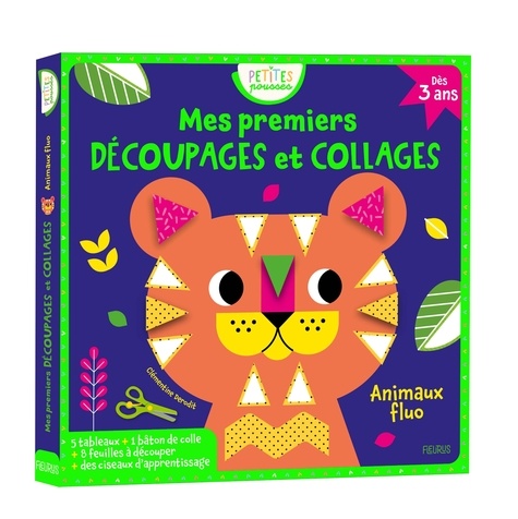 Mes premiers découpages et collages Animaux fluo. Avec 5 tableaux, 1 bâton de colle, 1 paire de ciseaux, 8 feuilles à découper