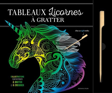 Tableaux licornes à gratter. 6 illustrations fantastiques à gratter et à encadrer. Avec un stylet inclus