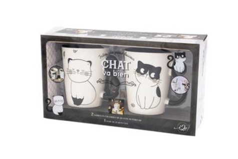 Faites une pause douceur Chat va bien. Coffret avec 2 tasses en céramique et 1 livre