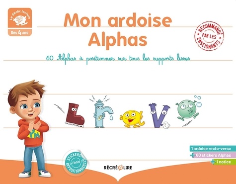 Mon ardoise Alphas. 60 Alphas à positionner sur tous les supports lisses - Avec 1 ardoise recto-verso, 60 stickers Alphas et 1 notice