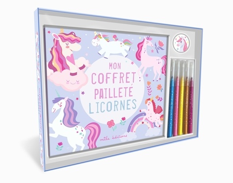 Mon coffret pailleté licornes. Avec un livre de coloriage, 5 feutres et 15 stickers scintillants