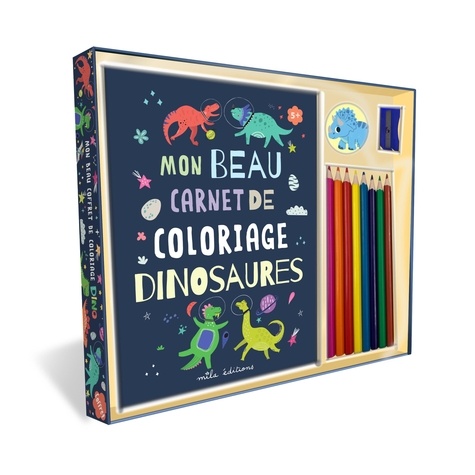 Mon beau coffret de coloriage dinosaures. Un livre de coloriages, 8 crayons de couleur, un taille-crayon et des stickers