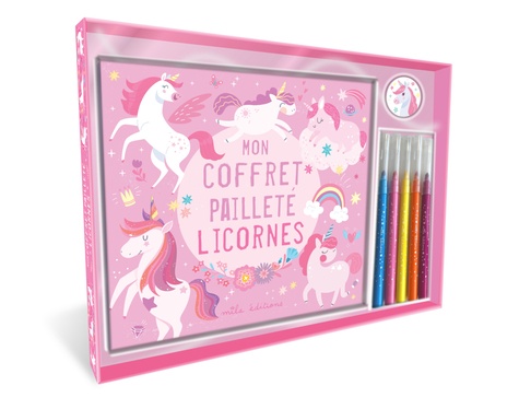 Mon coffret pailleté licornes. Avec un livre de coloriage, 5 feutres et 15 stickers