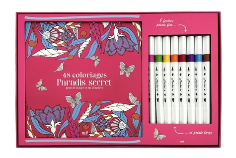 48 coloriages Paradis secret pour m'évader et me détendre. Coffret avec un carnet à colorier avec des feuilles détachables et 8 feutres pointe fine et pointe large