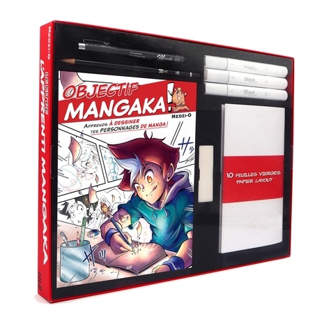 Le kit de l'apprenti mangaka - Tout pour créer ses premiers personnages mangas. Avec 10 feuilles de papier layout, 1 feutre à alcool noir, 1 feutre à alcool blender, 1 feutre à alcool gris, 1 fineliner, 1 crayon graphite et 1 gomme