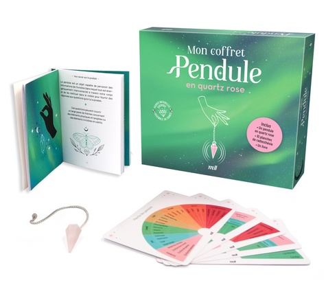 Mon coffret Pendule en quartz rose. Avec 1 pendule en quartz rose, 10 planches de radiesthésie et 1 livre