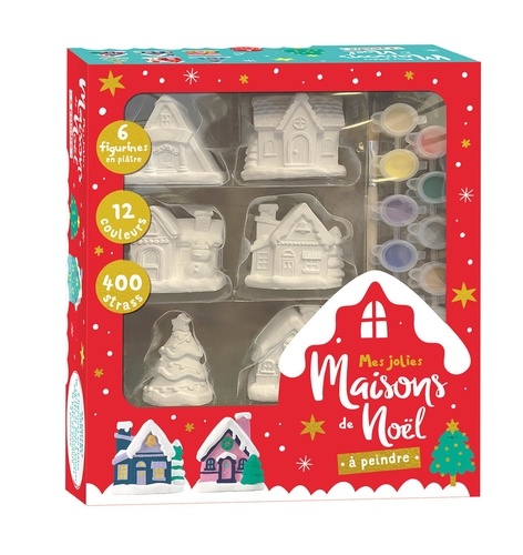 Mes jolies maisons de Noël à peindre. Coffret avec 6 figurines en plâtre, 10 cartes de Noël à colorier, 400 strass autocollants, 12 pots de peinture et 2 pinceaux