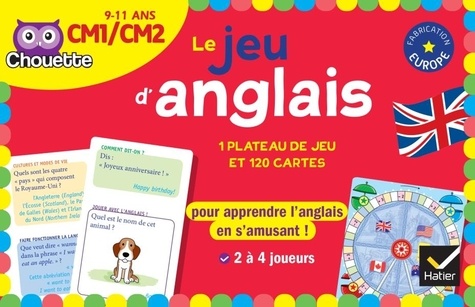 Le jeu d'anglais CM1-CM2. Avec 1 plateau de jeu, 120 cartes, 4 pions et 1 dé