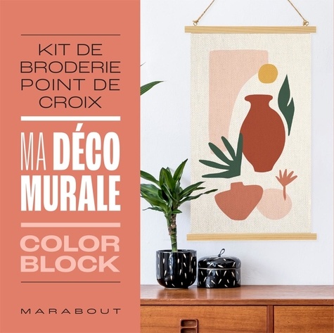 Mon kit de broderie point de croix. Ma déco murale color block. Avec une toile à broder imprimée format 20x35cm, un porte-affiche en bois déjà monté, 2 aiguilles à broder, 5 échevettes de fil à broder