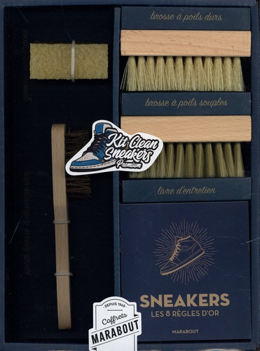 Kit clean sneakers premium. Le livre d'entretien avec 1 brosse à poils souples, 1 brosse à poils durs, 1 petite brosse et 1 gomme anti-traces