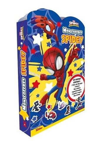 Mon coffret Team Spidey. Ce coffret contient : 1 livre, 4 masques, 6 figurines, des stickers, un grand poster, des tattoos