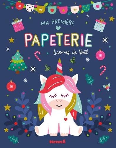 Ma première papeterie Licornes de Noël. Avec des coloriages, du papier à dessin, un crayon, des décos de Noël, des marque-pages, une boîte, des cartes, des carnets, des stickers, des enveloppes, un sapin à décorer, des cocottes et coeurs à plier