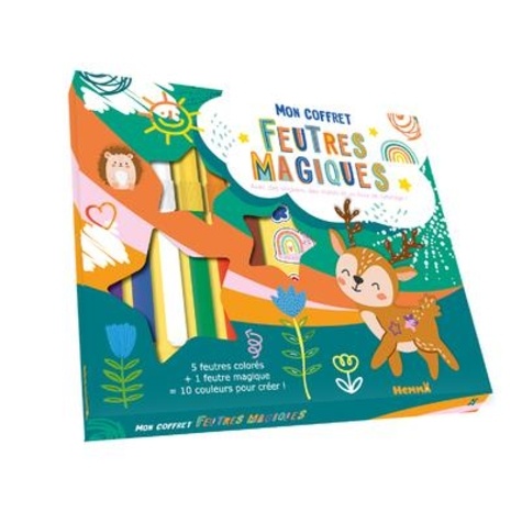 Mon coffret feutres magiques. Avec un livre de 24 pages de dessin et de coloriage, des pochoirs pour créer des motifs, des stickers, 5 feutres colorés + 1 feutre magique = 10 couleurs