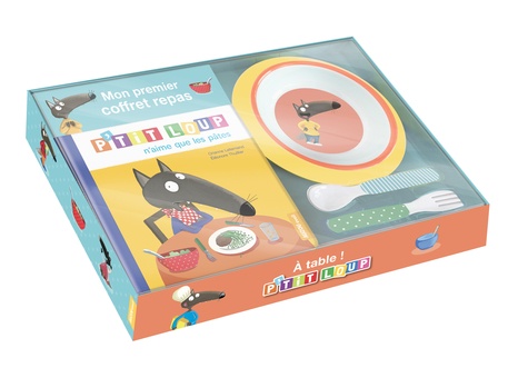 P'tit Loup : Mon premier coffret repas. Le livre P'tit loup n'aime que les pâtes avec une assiette, un bol, une fourchette et une cuillère