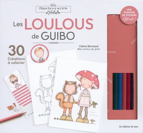 Les Loulous de Guibo. 30 créations à colorier. Coffret avec le livret d'explications, 8 crayons de couleurs, 10 marques-pages, 10 cartes postales, 10 affiches A5