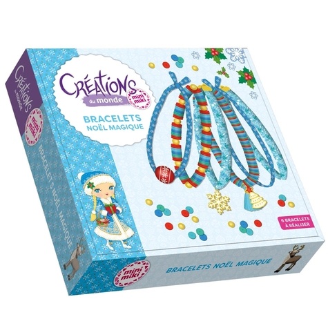 Bracelets Noël Magique Minimiki. Coffret avec des perles Heishi, des perles dorées, des fermoirs, pompons, charms et pendantifs, des rubans et cordons à motifs, du fil nylon élastique