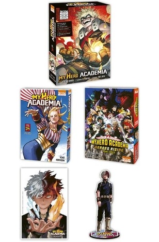 My Hero Academia Tome 34 : America. Coffret avec jaquette alternative, l'anime comics My Hero Academia Heroes Rising, un stand acrylique, un ex-libri, Edition collector